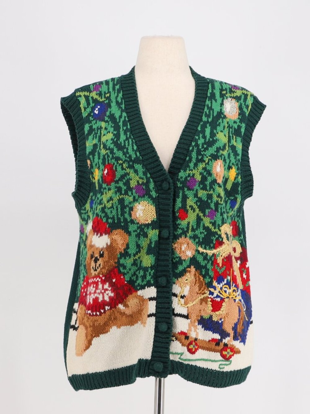 TIARA Vintage Ugly Christmas Teddy Bear Vest Size L Grannycore 90's Green Y2K